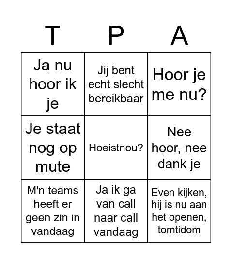 TPA Bingo Card