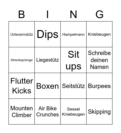 Fitness Bingo Card