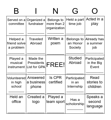 Skills Bingo Card