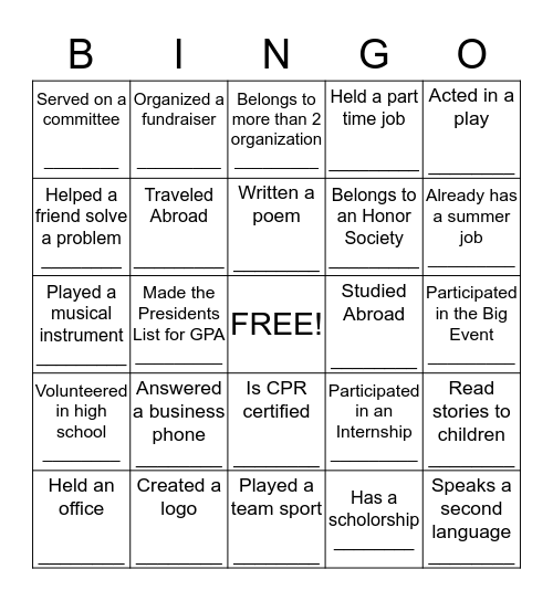 Skills Bingo Card