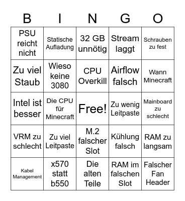 PC Upgrade Bingo Card