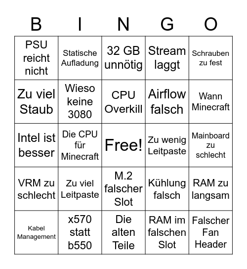 PC Upgrade Bingo Card