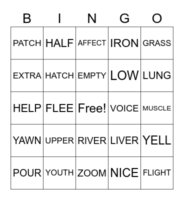 English Bingo Card