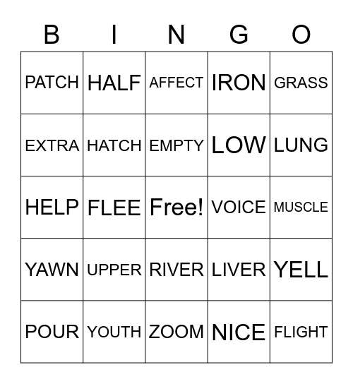 English Bingo Card