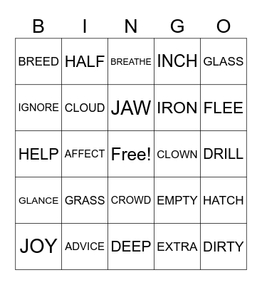 English Bingo Card