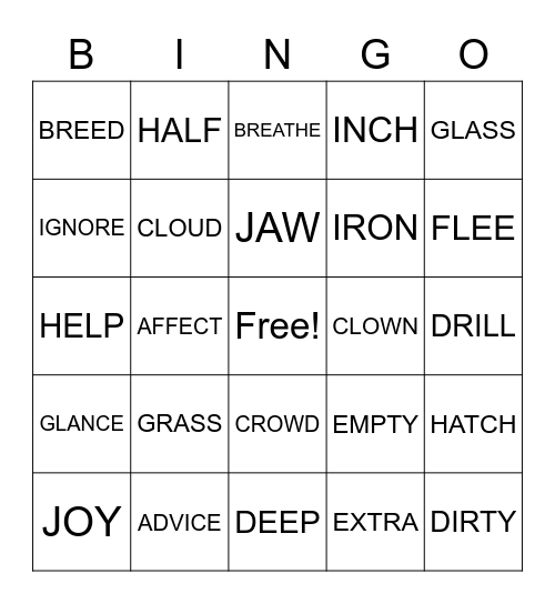 English Bingo Card