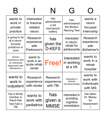Neuro-experience Bingo Card