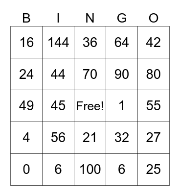 Multiplication Bingo Card