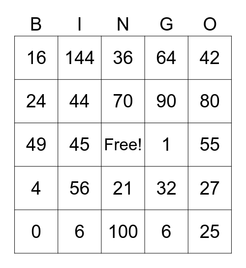 Multiplication Bingo Card
