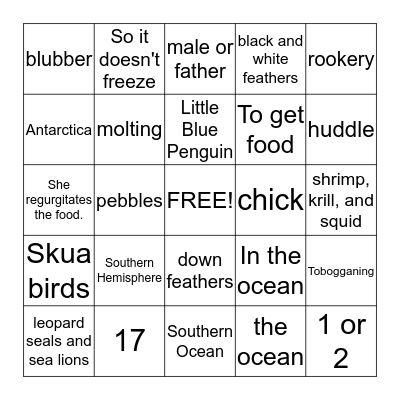 Penguin Bingo Card
