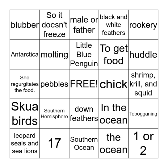 Penguin Bingo Card