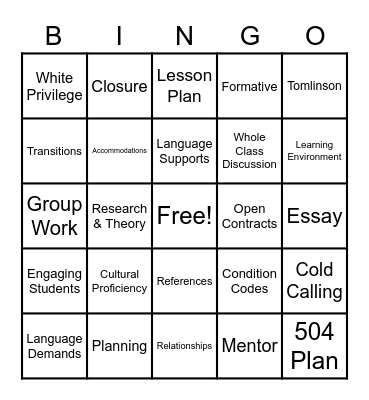 SCED 401 Bingo Card