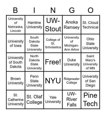 College Bingo Card