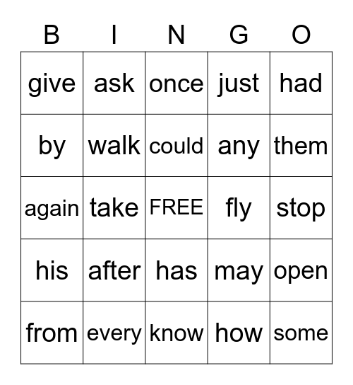 First Grade Sight Words Bingo Card