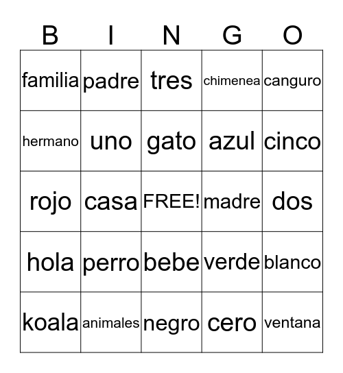 Familia, colores, animales, numeros y casa Bingo Card