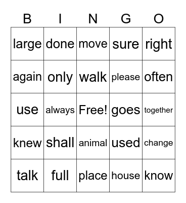 Trick Words! Bingo Card