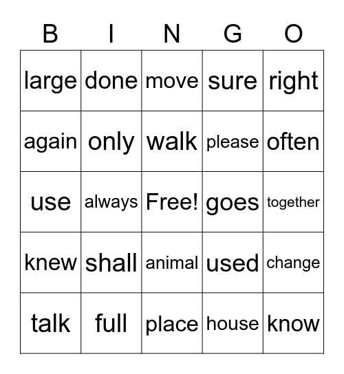 Trick Words! Bingo Card