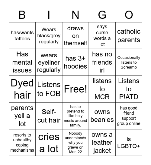 Emo Bingo Card