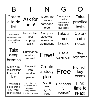 Study Skills Bingo Card