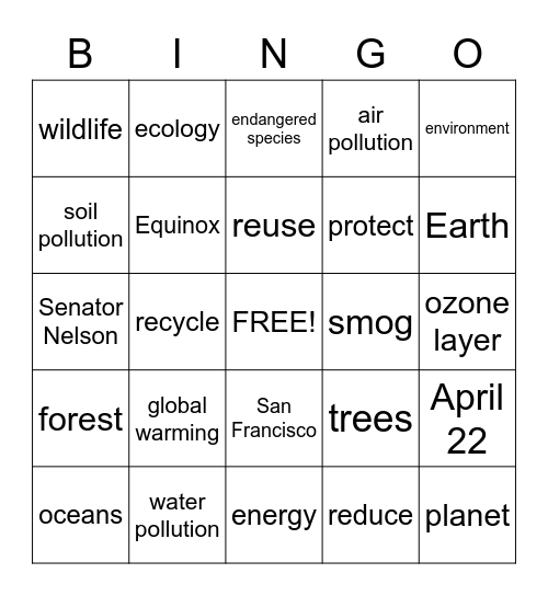 Earth Day Bingo Card