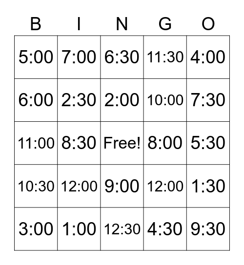 TELLING TIME Bingo Card