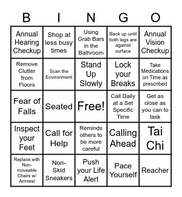 Fall Prevention Bingo Card