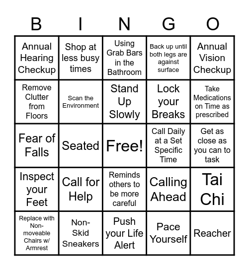 Fall Prevention Bingo Card