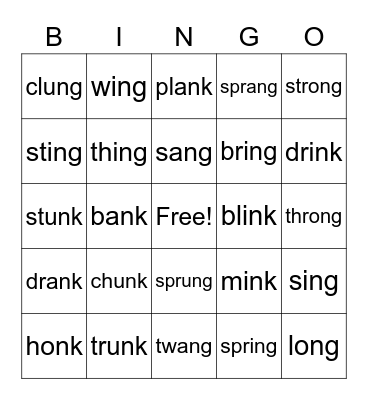 -ng, -nk Bingo Card