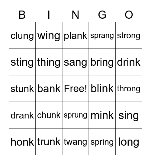 -ng, -nk Bingo Card