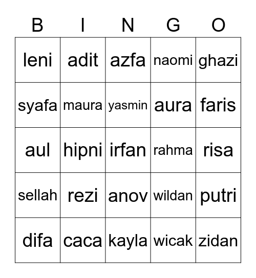 anak kelas 9e Bingo Card