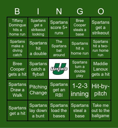 Upstate Spartans Softball Bingo Card
