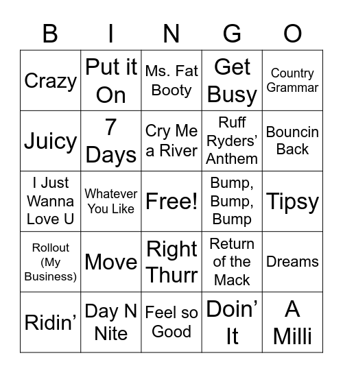 Throwback Hip Hop - GUYS Bingo Card
