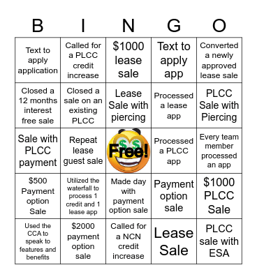 Payment Option Bingo Card
