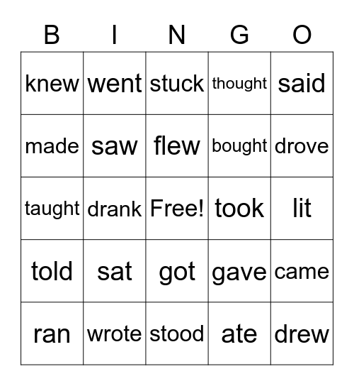 Irregular Past Tense Verbs for Kate and Lyansi Bingo Card