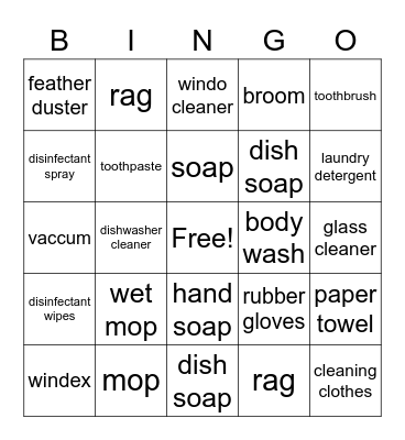 Cleaning supplies bingo Card