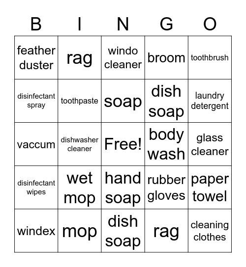 Cleaning supplies bingo Card