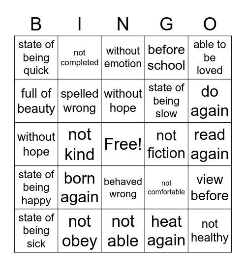 Prefix/Suffix Bingo Card