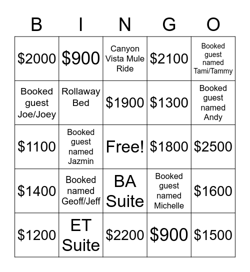 XANTERRA Bingo Card