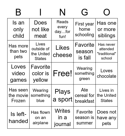 Getting to Know You Bingo Card