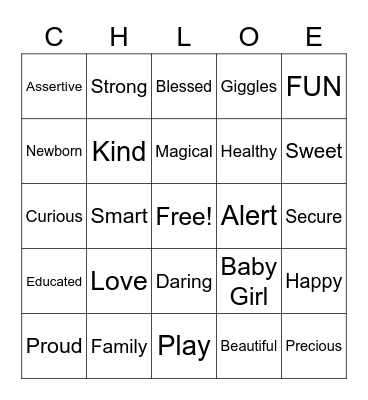 Chloe's Shower Bingo Card