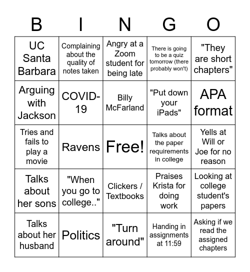 McGuire Bingo Card