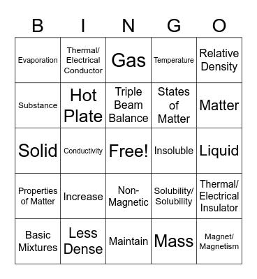 Properties of Matter Bingo Card