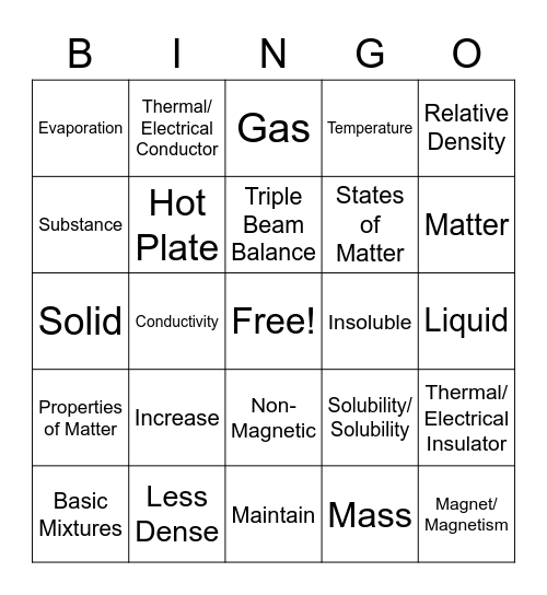 Properties of Matter Bingo Card