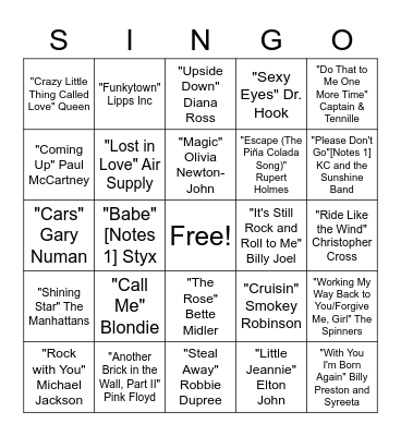 1980's Hits Bingo Card