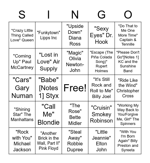 1980's Hits Bingo Card