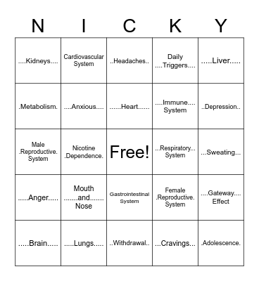 Nicotine Is Controlling Kids Yearly Bingo Card