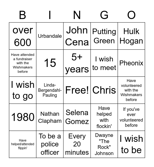 UNI Make-A-Wish Bingo Card
