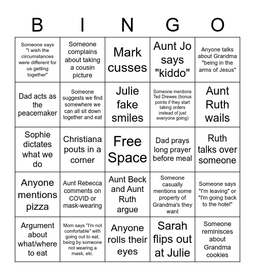 Dysfunctional Bingo Card