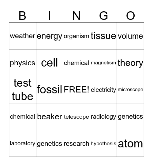 Mad Science Bingo Card