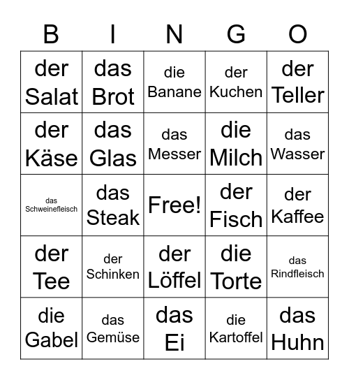 German - Food and Meals Bingo Card